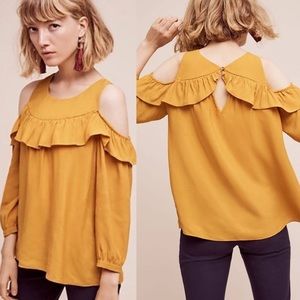 Maeve by Anthropologie - Mustard Yellow Ruffled Long Sleeve Cold Shoulder Blouse